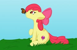 Size: 1280x839 | Tagged: safe, artist:kurokaiju, apple bloom, butterfly, earth pony, pony, g4, butterfly on nose, female, filly, foal, grass, insect on nose, sitting