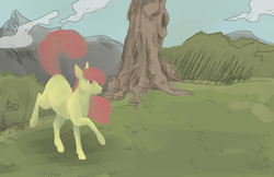 Size: 1024x663 | Tagged: safe, artist:perkypossum, apple bloom, earth pony, pony, g4, female, filly, foal, grass, hoers, mountain, solo, tree