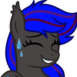 Size: 500x500 | Tagged: safe, artist:amgiwolf, oc, oc only, bat pony, bat pony oc, eyebrows, eyes closed, fangs, simple background, smiling, solo, sweat, transparent background, wings