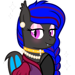 Size: 500x500 | Tagged: safe, artist:amgiwolf, oc, oc only, bat pony, bat pony oc, braid, clothes, dress, ear piercing, earring, fangs, jewelry, makeup, piercing, pretty, simple background, smiling, solo, transparent background, wings