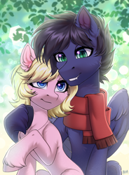 Size: 2060x2800 | Tagged: safe, artist:hakaina, oc, oc only, oc:fenris ebonyglow, oc:kara waypoint, earth pony, pegasus, pony, belly, blue eyes, blurry background, cheek fluff, chest fluff, clothes, colored, commission, concave belly, couple, cute, duo, ear fluff, eyelashes, fangs, fluffy, green eyes, grin, height difference, high res, hoof fluff, hug, jewelry, karanris, looking at each other, looking at someone, necklace, ocbetes, partially open wings, raised hoof, scarf, shading, shiny eyes, signature, sitting, slender, slit pupils, smiling, smiling at each other, thin, unshorn fetlocks, wings, ych result