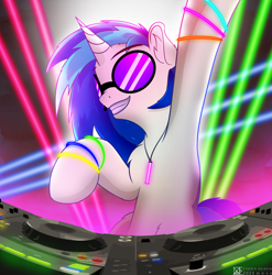 Size: 4268x4320 | Tagged: safe, artist:etheria galaxia, dj pon-3, vinyl scratch, pony, unicorn, g4, absurd resolution, disc jockey, dj booth, female, glow rings, glowstick, mare, neon, party, rave, solo, turntable, vinyl's glasses, watermark