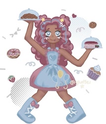 Size: 965x1127 | Tagged: safe, artist:biliache, pinkie pie, human, g4, alternate hairstyle, boots, cake, clothes, cookie, cupcake, cute, dark skin, diapinkes, donut, dress, female, food, heart, humanized, plate, shoes, simple background, solo, strawberry, tray, white background