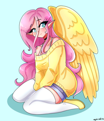 Size: 1800x2100 | Tagged: safe, artist:mylittleyuri, fluttershy, human, g4, blue background, blushing, bra, bra strap, breasts, choker, clothes, cute, elf ears, female, flats, humanized, kneeling, shoes, shorts, shyabetes, simple background, socks, solo, stockings, stupid sexy fluttershy, sweater, sweatershy, thigh highs, underwear, winged humanization, wings