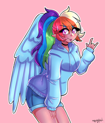 Size: 1800x2100 | Tagged: safe, artist:mylittleyuri, rainbow dash, human, g4, :p, alternate hairstyle, blushing, choker, clothes, cute little fangs, devil horn (gesture), elf ears, fangs, female, hoodie, humanized, moderate dark skin, pink background, ponytail, rainbow dash day, shorts, simple background, solo, tan skin, tongue out, winged humanization, wings
