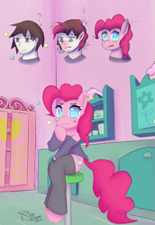 Size: 805x1167 | Tagged: safe, artist:jack-pilcrow, pinkie pie, earth pony, human, pony, g4, ..., blush sticker, blushing, bubble, bust, clothes, exclamation point, female, human male, human to pony, looking at you, male, male to female, mare, open mouth, pants, portrait, rule 63, shirt, signature, sitting, solo, stool, sugarcube corner, transformation, transformation sequence, transgender transformation, wavy mouth