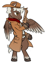 Size: 768x1024 | Tagged: safe, artist:multiverseequine, derpibooru exclusive, oc, oc only, oc:easy shot, pegasus, pony, bipedal, clothes, coat, colored wings, cowboy hat, facial markings, full body, gun, handgun, hat, male, neckerchief, pegasus oc, revolver, shirt, simple background, solo, stallion, transparent background, two toned wings, unshorn fetlocks, weapon, wings