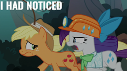 Size: 1920x1080 | Tagged: safe, edit, edited screencap, editor:quoterific, screencap, applejack, rarity, earth pony, pony, unicorn, dragon dropped, g4, applejack's hat, bow, cowboy hat, duo, hat, helmet, mining helmet, running