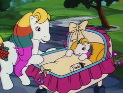 Size: 960x720 | Tagged: safe, screencap, cherry barrington, mummy berrytown, earth pony, pony, g1, my little pony tales, the tea party, baby, baby pony, duo, female, filly, foal, mare, mother and child, mother and daughter, newborn, stroller, unnamed character, unnamed pony