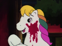 Size: 960x720 | Tagged: safe, screencap, logan barrington, earth pony, pony, g1, my little pony tales, the tea party, colt, foal, food, jelly, male, misleading thumbnail, not blood, solo