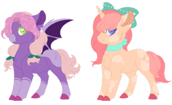 Size: 1280x781 | Tagged: safe, artist:kaenashepard, oc, oc only, bat pony, pony, unicorn, base used, bat pony oc, bow, cheek fluff, chest fluff, coat markings, duo, ear fluff, female, hair bow, magical lesbian spawn, mare, offspring, parent:big macintosh, parent:pinkie pie, parent:princess luna, parent:sunset shimmer, parents:lunamac, parents:sunsetpie, simple background, socks (coat markings), spread wings, transparent background, wings