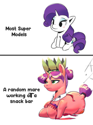 Size: 2160x2899 | Tagged: safe, artist:applephil, carrot bun, rarity, pony, unicorn, 2 panel comic, background pony, comic, duo, female, frown, grammar error, high res, lying down, mare, prone, simple background, sitting, text, unamused, white background