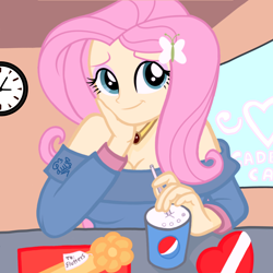 Size: 2048x2048 | Tagged: safe, artist:flutteryaylove, fluttershy, human, equestria girls, g4, clock, drawing, female, heart, high res, pepsi, present, smiling, soda, solo, window