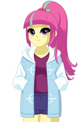 Size: 836x1199 | Tagged: dead source, safe, artist:rosemile mulberry, sour sweet, human, equestria girls, g4, clothes, cute, female, freckles, ghost bc, hand in pocket, looking at you, shorts, simple background, solo