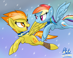 Size: 2500x2000 | Tagged: safe, artist:notadeliciouspotato, rainbow dash, spitfire, pegasus, pony, g4, bandage, clothes, cloud, duo, duo female, female, flying, high res, looking at each other, looking at someone, mare, open mouth, scarf, signature, smiling, snow, snowfall, spread wings, wings