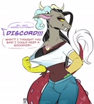 Size: 1470x1630 | Tagged: safe, artist:redxbacon, discord, fluttershy, draconequus, pegasus, anthro, between breasts, black underwear, breasts, butterscotch, clothes, denim, dialogue, discoshy, eris, eriscotch, female, jeans, male, micro, pants, rule 63, shipping, simple background, speech bubble, straight, underwear, white background