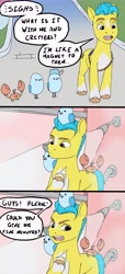 Size: 4092x8949 | Tagged: safe, artist:halfeb, hitch trailblazer, kenneth, mcsnips-a-lot, steven, bird, crab, earth pony, pony, seagull, g5, absurd resolution, clean, comic, critter magnet, critters, male, shower, soap, stallion