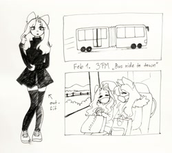 Size: 3024x2698 | Tagged: safe, artist:katputze, oc, oc only, oc:crimson sunset, unicorn, anthro, plantigrade anthro, backpack, bus, clothes, duo, eyes closed, face mask, female, high res, jacket, mare, mask, monochrome, skirt, socks, solo, thigh highs, traditional art, zettai ryouiki