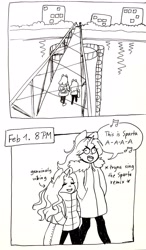 Size: 1936x3321 | Tagged: safe, artist:katputze, oc, oc only, oc:crimson sunset, unicorn, anthro, black and white, bridge, clothes, coat, comic, duo, eyes closed, female, grayscale, height difference, mare, monochrome, singing, speech bubble, traditional art, walking