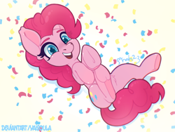 Size: 4490x3373 | Tagged: safe, artist:yaisoula, pinkie pie, earth pony, pony, g4, confetti, female, frog (hoof), high res, hoofbutt, lying down, mare, on back, open mouth, open smile, simple background, smiling, solo, underhoof, white background