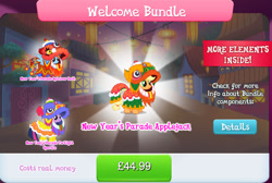 Size: 1283x860 | Tagged: safe, gameloft, applejack, rainbow dash, twilight sparkle, alicorn, earth pony, pegasus, pony, g4, my little pony: magic princess, advertisement, bundle, chinese new year, clothes, costs real money, costume, english, female, horn, lion dance, lunar new year, mare, mobile game, numbers, spread wings, text, twilight sparkle (alicorn), wings