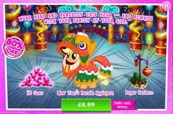 Size: 1967x1298 | Tagged: safe, gameloft, applejack, earth pony, pony, my little pony: magic princess, official, advertisement, bush, clothes, costs real money, costume, english, female, gem, lantern, lunar new year, mare, mobile game, numbers, paper lantern, sale, solo, solo focus, text