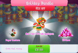 Size: 1269x859 | Tagged: safe, gameloft, applejack, earth pony, pony, my little pony: magic princess, official, advertisement, bundle, bush, clothes, costs real money, costume, english, female, gem, lantern, lunar new year, mare, mobile game, numbers, paper lantern, sale, solo, solo focus, text