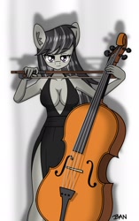 Size: 1466x2339 | Tagged: safe, artist:banquo0, octavia melody, earth pony, anthro, absolute cleavage, bow (instrument), breasts, busty octavia melody, cello, cello bow, cleavage, clothes, dress, female, lidded eyes, mare, musical instrument, smiling, solo, solo female