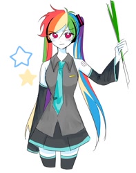 Size: 644x817 | Tagged: safe, artist:rainbom__1122, rainbow dash, equestria girls, anime, blushing, clothes, clothes swap, cosplay, costume, hatsune miku, leek, necktie, pigtails, simple background, skirt, solo, twintails, vocaloid, white background