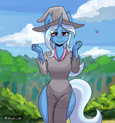 Size: 1500x1600 | Tagged: safe, artist:zachc, trixie, unicorn, anthro, clothes, dress, hat, looking at you, outdoors, smiling, solo, witch hat