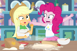 Size: 1350x900 | Tagged: safe, artist:dm29, applejack, pinkie pie, human, equestria girls, baking, bowl, duo, female, flour, measuring cup, mixing bowl, open mouth, pre sneeze, rolling pin, signature