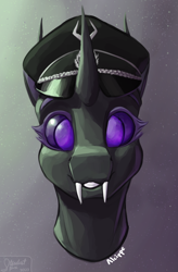 Size: 2490x3800 | Tagged: safe, artist:stardustspix, oc, oc only, oc:alcippe, changeling, equestria at war mod, bust, cap, colored eyebrows, colored eyelashes, eyelashes, fangs, front view, german, gradient background, grin, hat, high res, horn, looking at you, portrait, purple changeling, purple eyes, smiling, smiling at you, solo