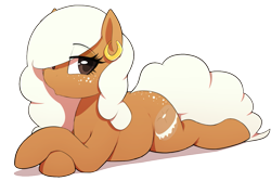 Size: 1125x750 | Tagged: safe, artist:thebatfang, oc, oc only, oc:bagel bite, earth pony, food pony, original species, pony, chubby, ear piercing, earring, female, food, jewelry, lidded eyes, lying down, piercing, ponified, prone, simple background, solo, transparent background