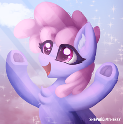 Size: 1986x1993 | Tagged: safe, artist:shepardinthesky, princess celestia, rainbowshine, pegasus, pony, g4, chest fluff, crepuscular rays, ear fluff, frog (hoof), hooves in air, looking up, open mouth, open smile, praise the sun, rainbowshining, smiling, solo, underhoof