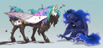 Size: 1741x808 | Tagged: safe, artist:hazurasinner, princess celestia, princess luna, alicorn, pony, belly, blue mane, blushing, burrs, butt, celestia is not amused, commission, concave belly, crown, cute, digital art, dirty, duo, feather, female, flowing mane, flowing tail, folded wings, gradient background, hoers, hoof shoes, horn, jewelry, leaves, leaves in hair, looking at each other, looking at someone, mare, messy, mud, muddy, plot, princess luna is amused, regalia, royal sisters, siblings, signature, sisters, sitting, smiling, stick, tail, tree branch, unamused, walking, watermark, wings