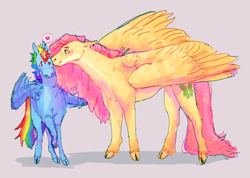 Size: 3680x2620 | Tagged: safe, artist:birdcanart, fluttershy, rainbow dash, pegasus, pony, g4, cloven hooves, duo, female, gray background, heart, high res, lesbian, mare, nuzzling, pictogram, ship:flutterdash, shipping, simple background, size difference, smoldash, tallershy