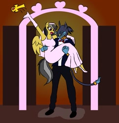 Size: 1129x1165 | Tagged: safe, anonymous artist, derpibooru exclusive, ahuizotl, daring do, ahuizotl (species), pegasus, anthro, g4, bridal carry, carrying, clothes, dress, female, male, mare, marriage, relic, ship:darizotl, shipping, story included, straight, suit, tuxedo, wedding dress, wedding veil