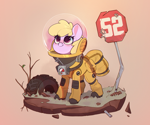 Size: 2336x1951 | Tagged: safe, artist:rexyseven, oc, oc only, oc:puppysmiles, earth pony, pony, fallout equestria, fallout equestria: pink eyes, clothes, cute, ear fluff, eye clipping through hair, fanfic art, female, filly, foal, hazmat suit, high res, pink eyes, radiation suit, sign, solo, tire