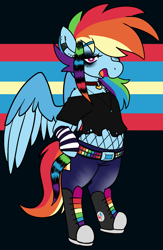 Size: 1167x1786 | Tagged: safe, artist:/d/non, rainbow dash, pegasus, semi-anthro, g4, arm hooves, arm warmers, belt, choker, clothes, converse, coontails, denim, ear piercing, eyeshadow, februpony, fishnet stockings, jeans, jewelry, lip piercing, makeup, multicolored hair, necklace, open mouth, pants, piercing, rainbow, scene, scene kid, shirt, shoes, smiling, sneakers