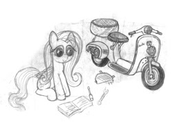 Size: 1000x760 | Tagged: safe, artist:styroponyworks, fluttershy, pegasus, pony, g4, female, folded wings, grayscale, looking at something, manual, mare, monochrome, moped, pencil drawing, reading, screwdriver, sitting, sketch, smiling, solo, tools, traditional art, wings, wrench