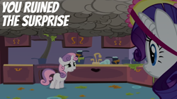 Size: 1920x1080 | Tagged: safe, edit, edited screencap, editor:quoterific, screencap, rarity, sweetie belle, pony, unicorn, g4, sisterhooves social, belle sisters, cooking, fail, female, filly, foal, food, frown, gritted teeth, kitchen, mare, messy, siblings, sisters, smoke, sweetie belle can't cook, sweetie fail, teeth