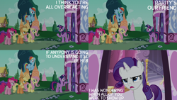 Size: 2000x1125 | Tagged: safe, edit, edited screencap, editor:quoterific, screencap, applejack, fluttershy, pinkie pie, rainbow dash, rarity, twilight sparkle, alicorn, earth pony, pegasus, pony, unicorn, g4, the saddle row review, :/, applejack's hat, cowboy hat, female, flying, frown, hat, knocking, looking at each other, looking at someone, mane six, mare, open mouth, open smile, raised hoof, rarity is not amused, smiling, twilight sparkle (alicorn), unamused, worried
