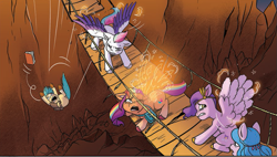 Size: 895x507 | Tagged: safe, idw, official comic, hitch trailblazer, izzy moonbow, pipp petals, sunny starscout, zipp storm, alicorn, earth pony, pegasus, pony, unicorn, g5, spoiler:comic, spoiler:g5comic, spoiler:g5comic09, book, cropped, falling, female, male, mane five, mane stripe sunny, mare, race swap, rope bridge, stallion, sunnycorn