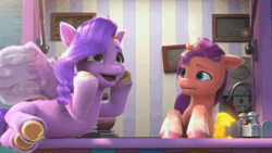 Size: 520x293 | Tagged: safe, screencap, pipp petals, sunny starscout, alicorn, earth pony, pegasus, pony, ali-conned, g5, my little pony: make your mark, my little pony: make your mark chapter 2, spoiler:my little pony: make your mark, spoiler:my little pony: make your mark chapter 2, spoiler:mymc02e04, adorapipp, animated, cheering, cute, female, gif, hoofy-kicks, i watch it for the ears, lying down, mane stripe sunny, mare, race swap, sunnycorn, unshorn fetlocks