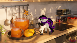 Size: 3840x2160 | Tagged: safe, artist:loveslove, oc, oc only, oc:silver predator, butterfly, pony, unicorn, 3d, apple, blender, bottle, coat markings, female, food, high res, horn, juice, kitchen, looking at someone, orange, ponies in real life, potted plant, solo, tiny, tiny ponies, unicorn oc