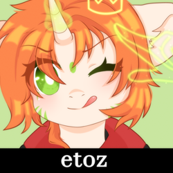 Size: 2000x2000 | Tagged: safe, artist:etoz, oc, oc only, oc:etoz, pony, unicorn, clothes, crown, eye clipping through hair, eyebrows, eyebrows visible through hair, female, hand, happy, high res, hoodie, horn, icon, jewelry, looking at you, magic, magic aura, magic hands, mare, one eye closed, parody, reference, regalia, smiling, solo, text, tongue out, unicorn oc, white pupils, wingding eyes, wink, winking at you