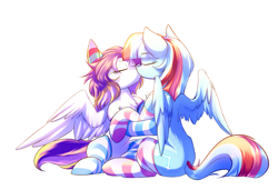 Size: 3500x2400 | Tagged: safe, artist:ktk's sky, oc, oc only, oc:jungle valley, oc:丛谷, pegasus, pony, chest fluff, clothes, female, high res, kiss on the lips, kissing, lesbian, simple background, socks, striped socks, white background