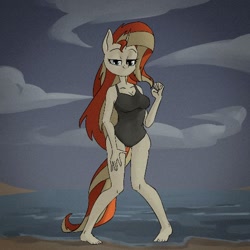 Size: 500x500 | Tagged: safe, artist:haku nichiya, sunset shimmer, unicorn, anthro, plantigrade anthro, g4, beach, black swimsuit, breasts, busty sunset shimmer, clothes, female, looking at you, mare, one-piece swimsuit, red hair, red mane, red tail, smiling, solo, swimsuit, tail, teal eyes, two toned hair, two toned mane, two toned tail, yellow coat, yellow fur, yellow hair, yellow mane, yellow tail