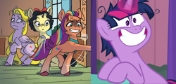 Size: 886x424 | Tagged: safe, edit, edited screencap, idw, official comic, screencap, sunny starscout, twilight sparkle, alicorn, earth pony, pegasus, pony, a trivial pursuit, g4, g5, spoiler:g5comic09, animation error, cropped, faic, female, g5 collapse of disney, glowing, glowing horn, horn, mane stripe sunny, mare, rapunzel, snow white, twilight snapple, twilight sparkle (alicorn), wingless
