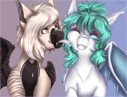 Size: 1300x1000 | Tagged: safe, artist:szkar, oc, oc:devilvoice, oc:spicy mint, bat pony, original species, pony, shark, shark pony, bat pony oc, duo, female, mlem, silly, tongue out